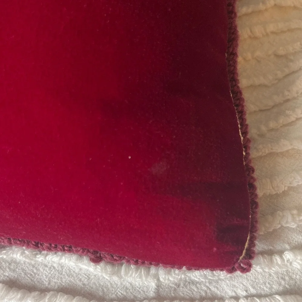 Vintage Hooked Wool Floral Throw Pillow Burgundy Velvet Back 15x15 Square Rose